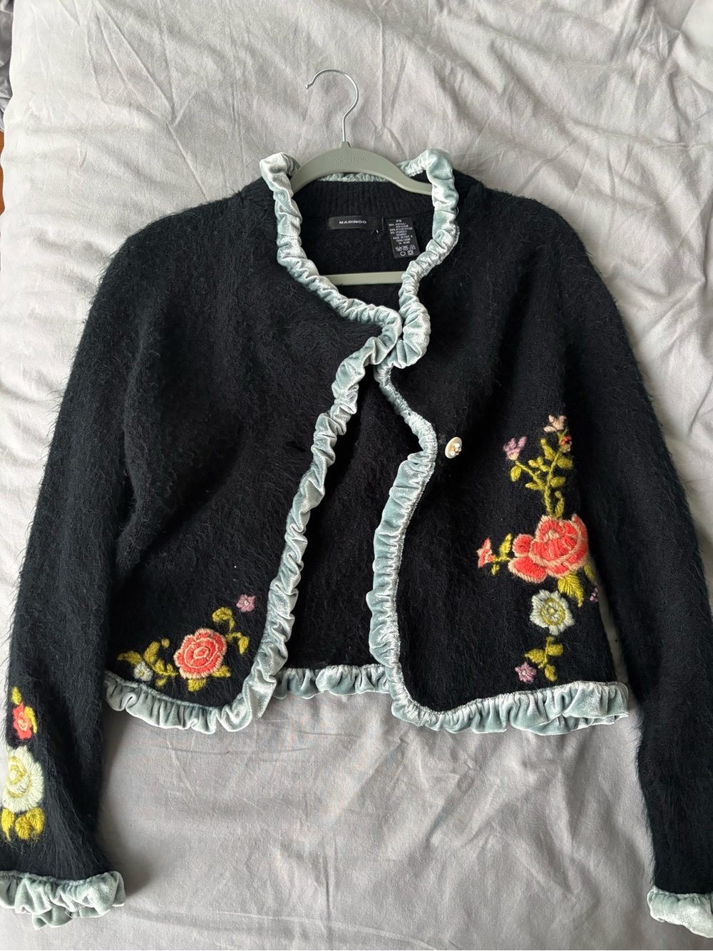 Black Floral Embroidered Ruffle-Trim Jacket - Women's